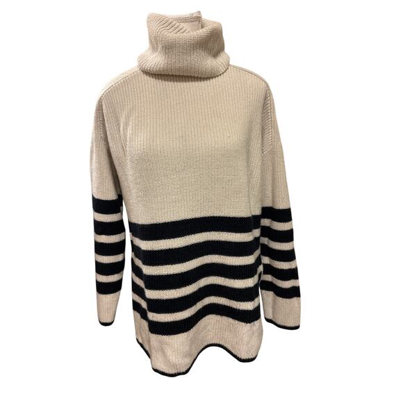 COS Sweaters - COS | Cream/Navy Striped Chunky Wool/Cotton Blend Knit Turtleneck | Small